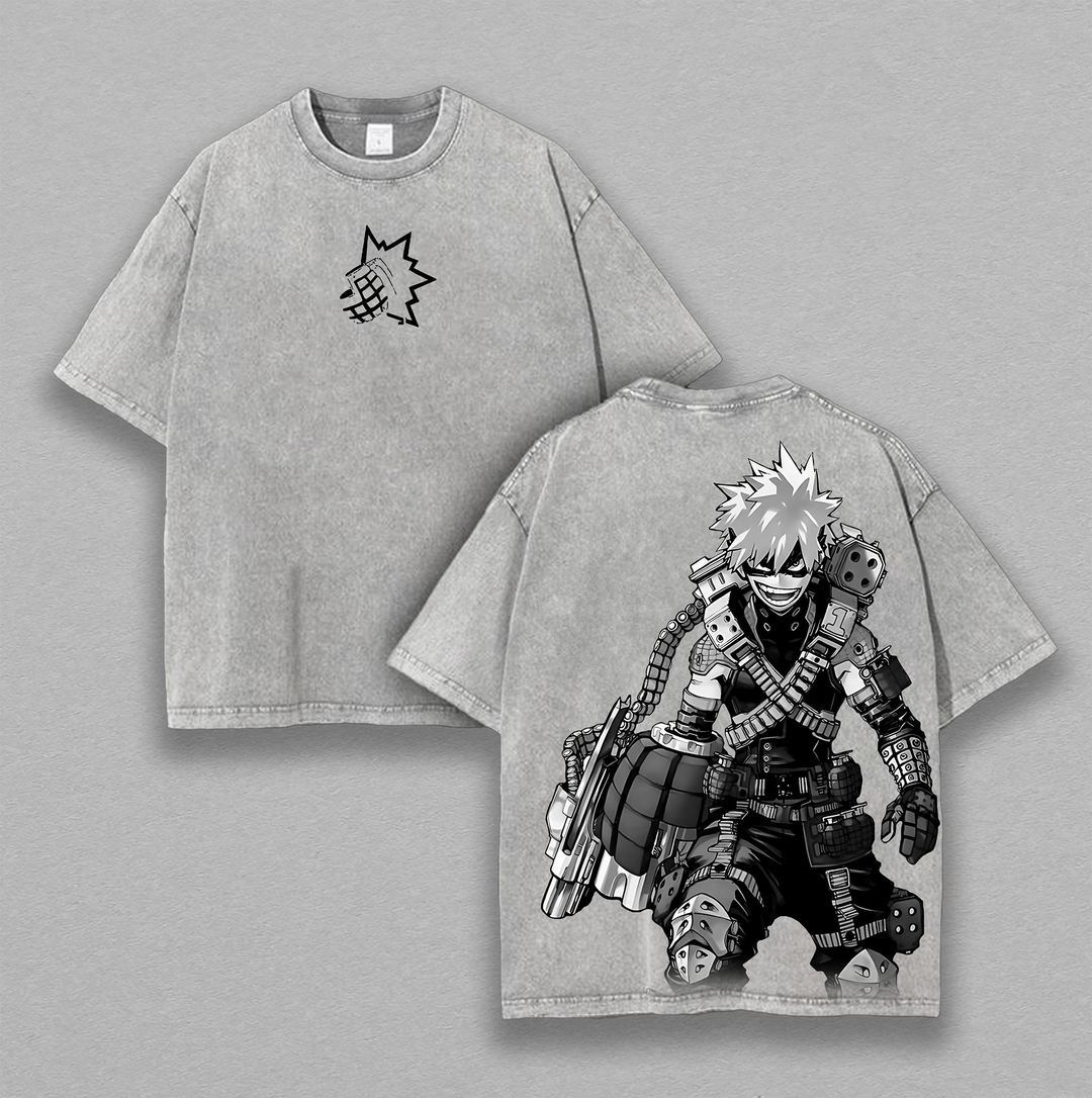 Retro Vintage Limited Bakugo - My Hero Acedemia Anime Clothing Double Printed Oversized Washed Tee Unisex Oversize Anime Merch Manga Acid Washed Heavyweight T-Shirt