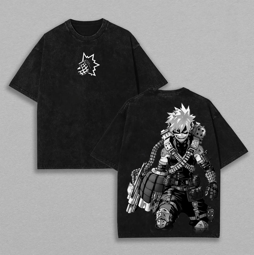 Retro Vintage Limited Bakugo - My Hero Acedemia Anime Clothing Double Printed Oversized Washed Tee Unisex Oversize Anime Merch Manga Acid Washed Heavyweight T-Shirt