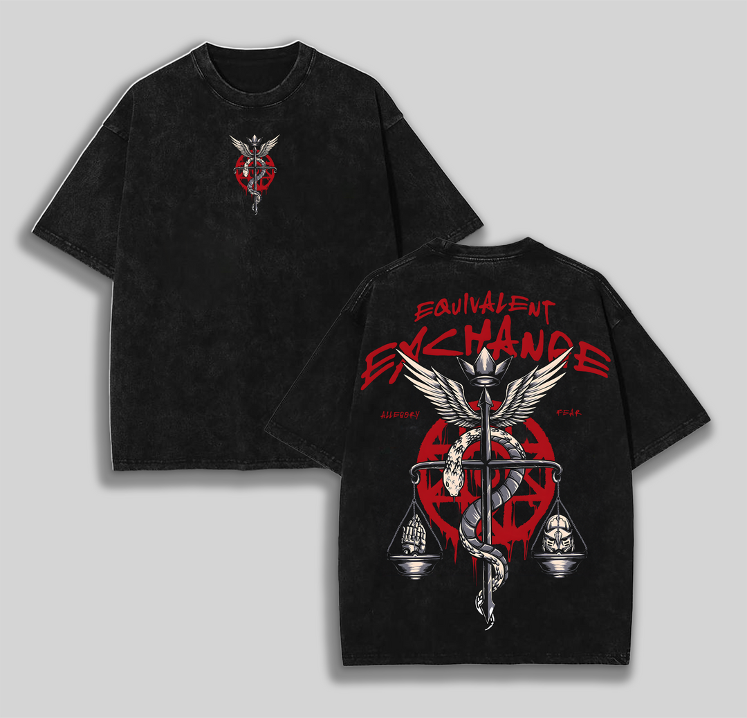 Equivalent Exchange X Fullmetal Alchemist Anime Double Printed Washed T-Shirt Unisex Mineral Hoodie Anime Manga Washed Heavy Cotton T-shirt, Gift For Anime Fan, Anime Lover Crewneck Casual
