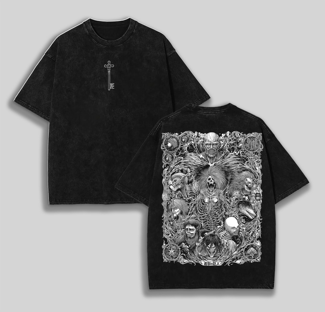 Retro Vintage The Key Shingeki no Kyojin - Attack On Titan Anime Double Printed Washed Tee Unisex Oversize Anime Manga Washed Heavyweight Cotton T-shirt