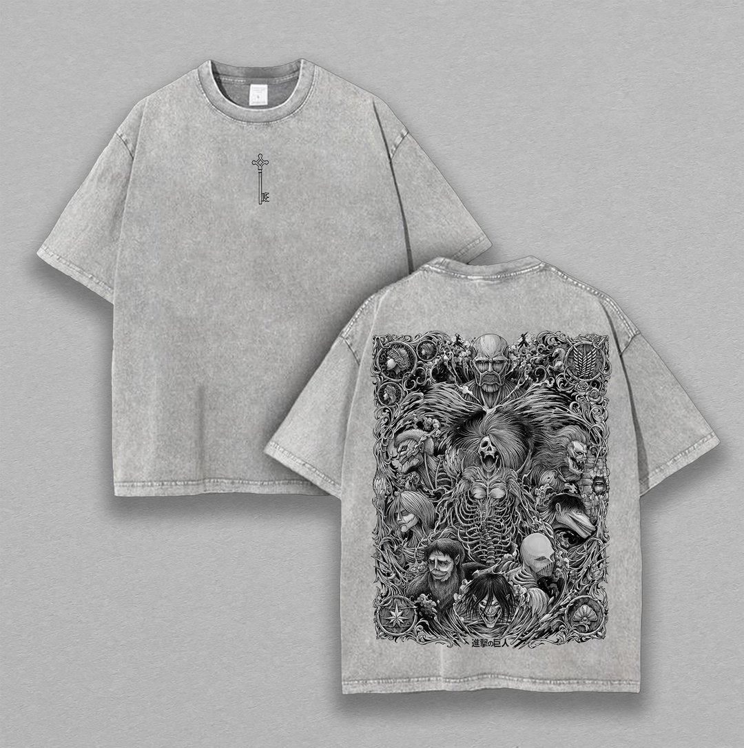 Retro Vintage The Key Shingeki no Kyojin - Attack On Titan Anime Double Printed Washed Tee Unisex Oversize Anime Manga Washed Heavyweight Cotton T-shirt