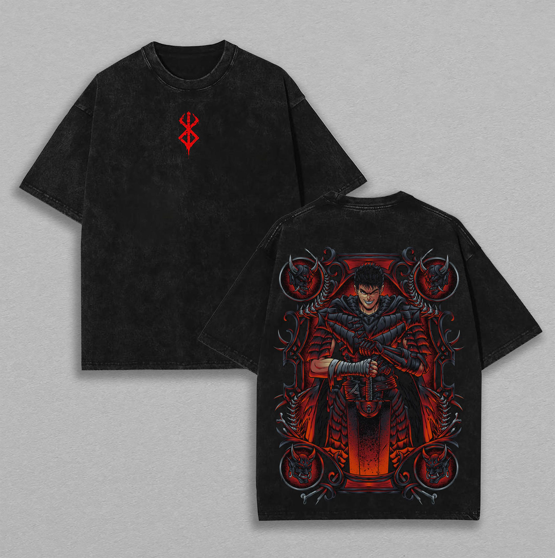 Guts x Berserk Anime Clothing Double Printed T-Shirt Washed