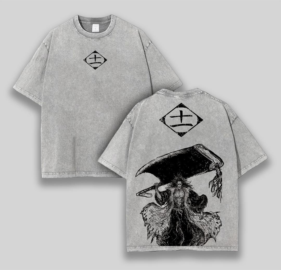 Retro Heavy Limited Kenpachi Zaraki Squads 11 Bleach Anime Double Printed Vintage Washed Tee Unisex Oversize Anime Manga Washed
