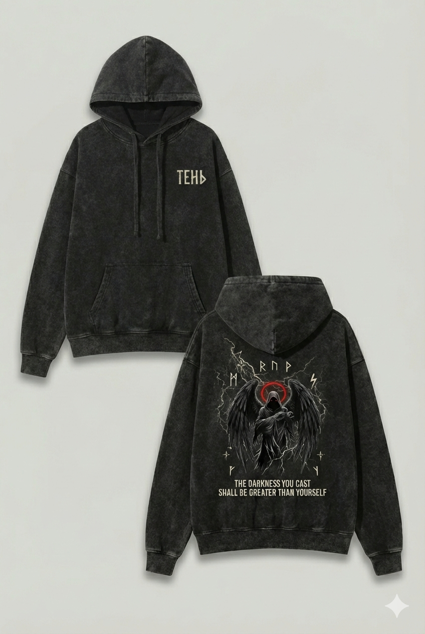 Acid Wash Streetwear Tee & Hoodie – Shadow Angel Dark Graphic