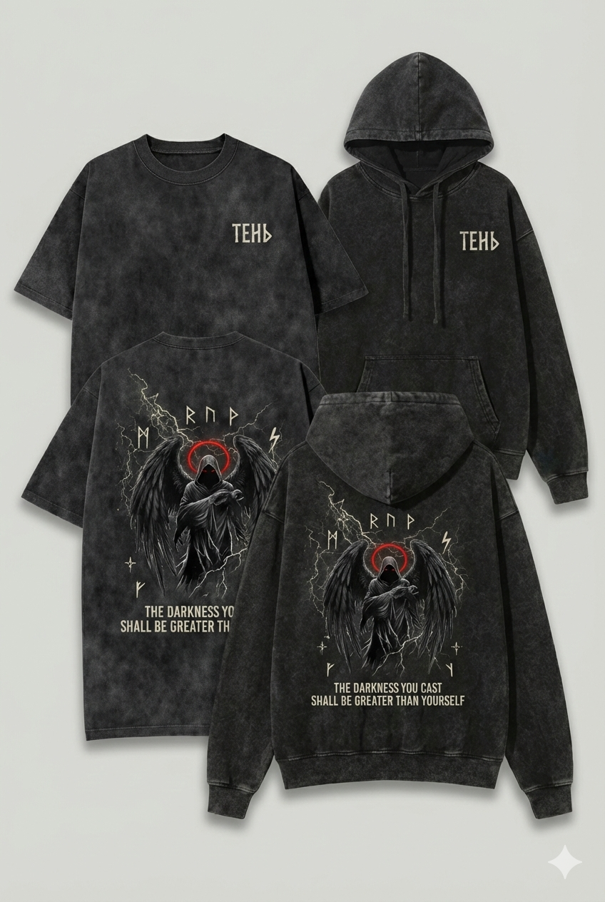 Acid Wash Streetwear Tee & Hoodie – Shadow Angel Dark Graphic