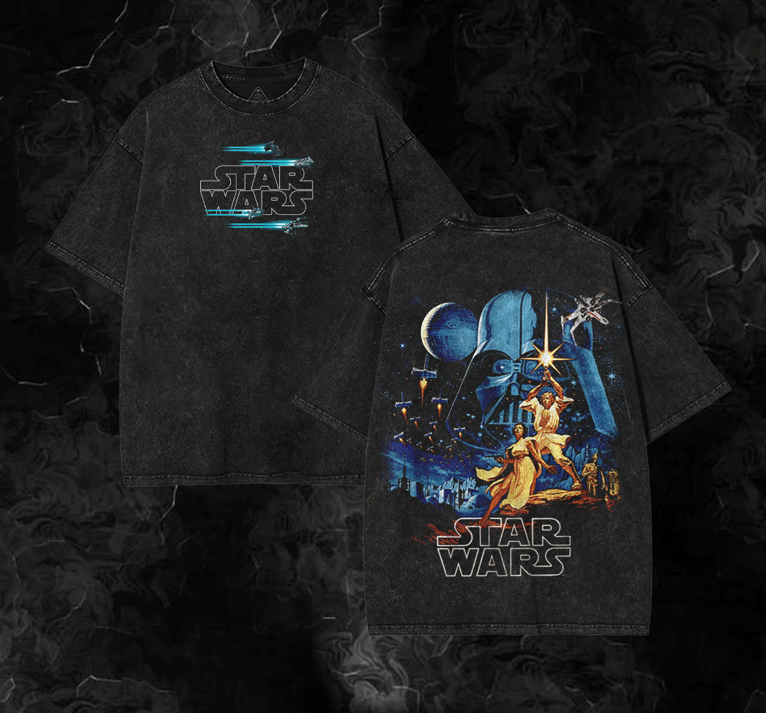 Star Wars-themed t-shirt with front and back designs on a dark background