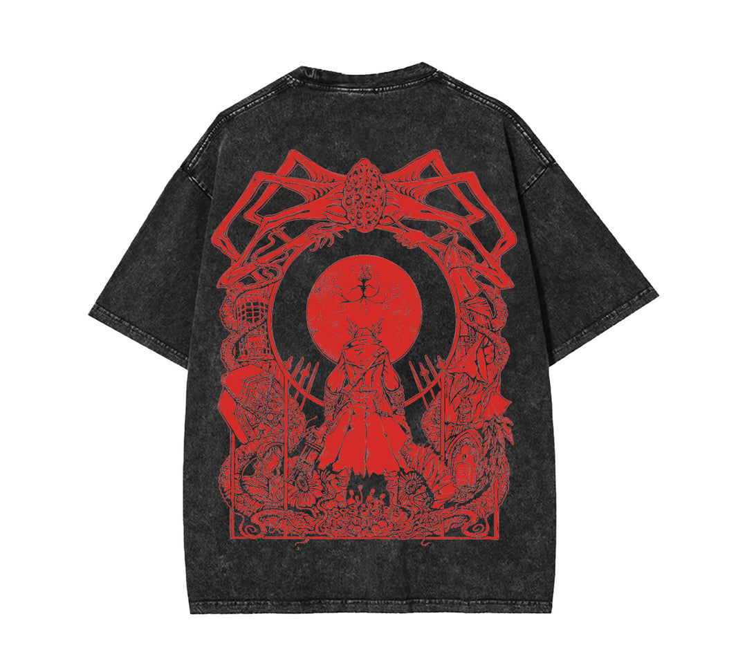 Bloodborne Blood Moon Double Printed Unisex Acid Washed Lightweight Cotton T-Shirt [TPR]