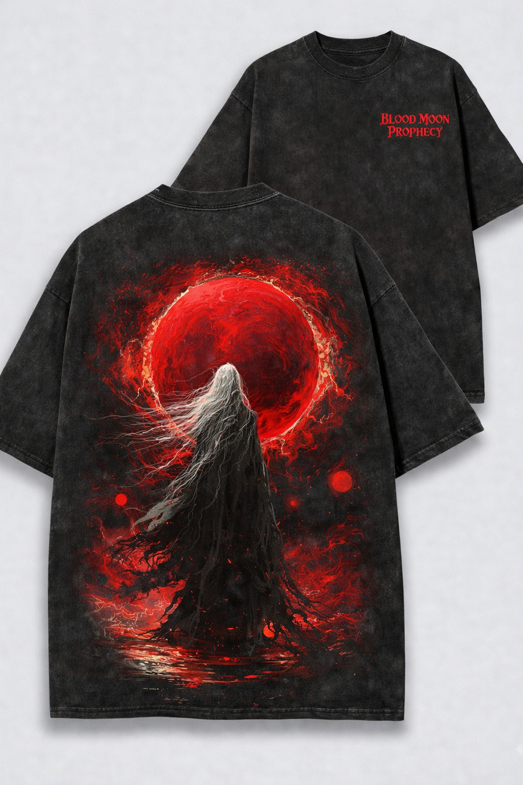 Blood Moon Prophecy – Acid Wash Tee & Hoodie | Dark Fantasy Streetwear