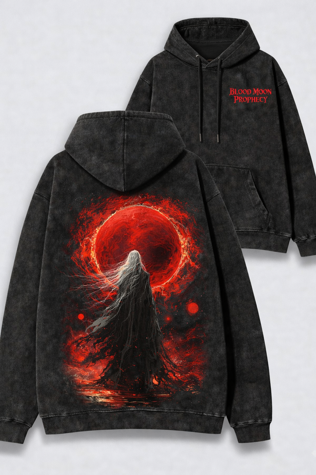 Blood Moon Prophecy – Acid Wash Tee & Hoodie | Dark Fantasy Streetwear