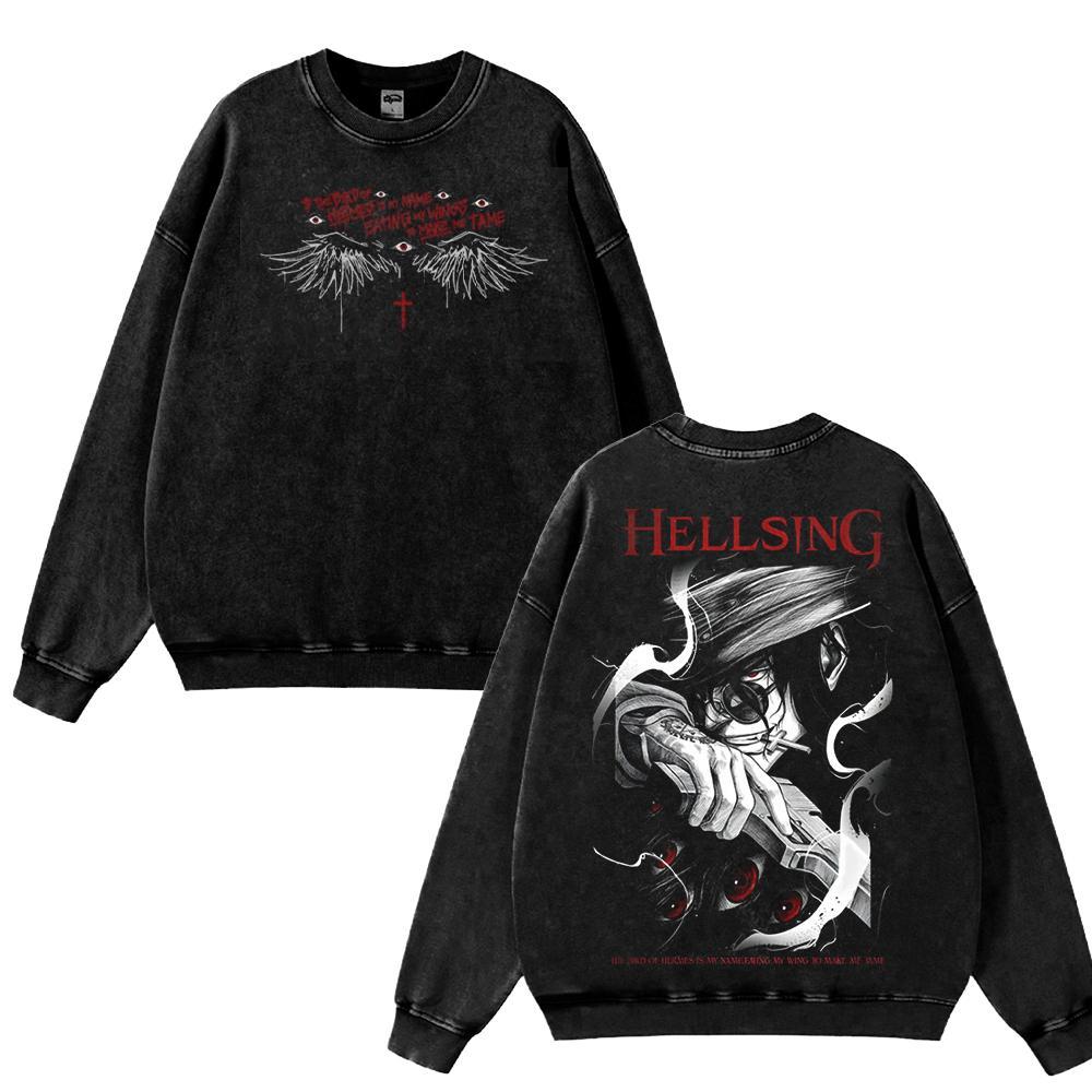 Hellsing Anime Sweatshirt Oversized | Dark Gothic Vampire Graphic Washed Black Streetwear Crewneck Unisex 'TTT'