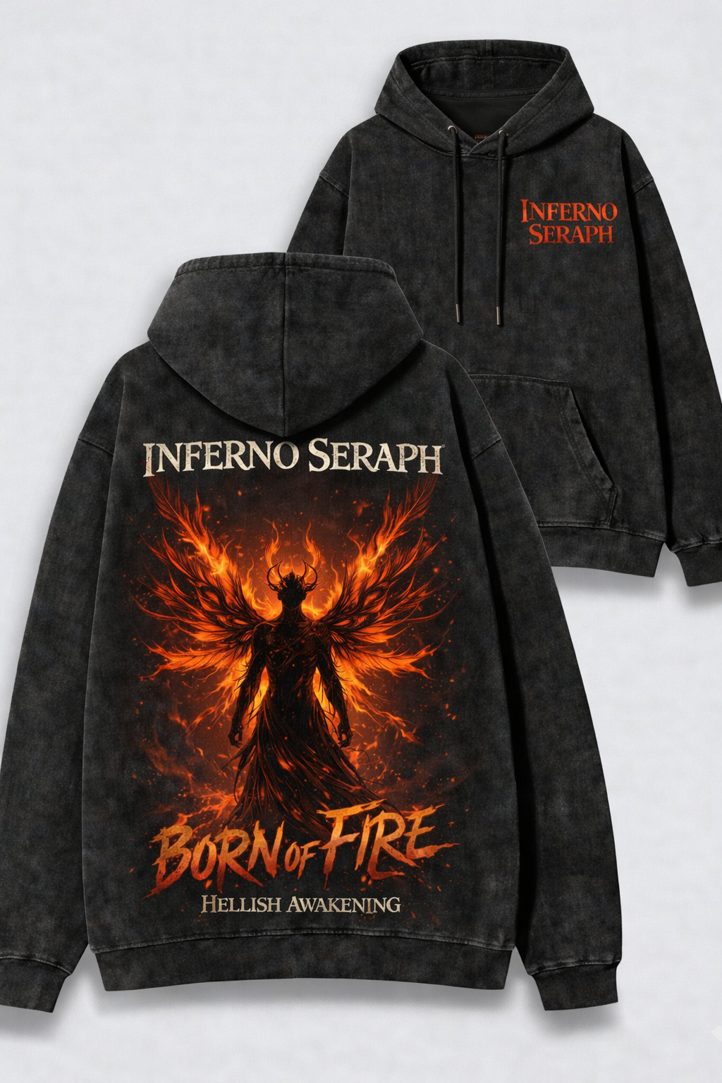 Inferno Seraph – Born of Fire Acid Wash Tee & Hoodie | Dark Streetwear
