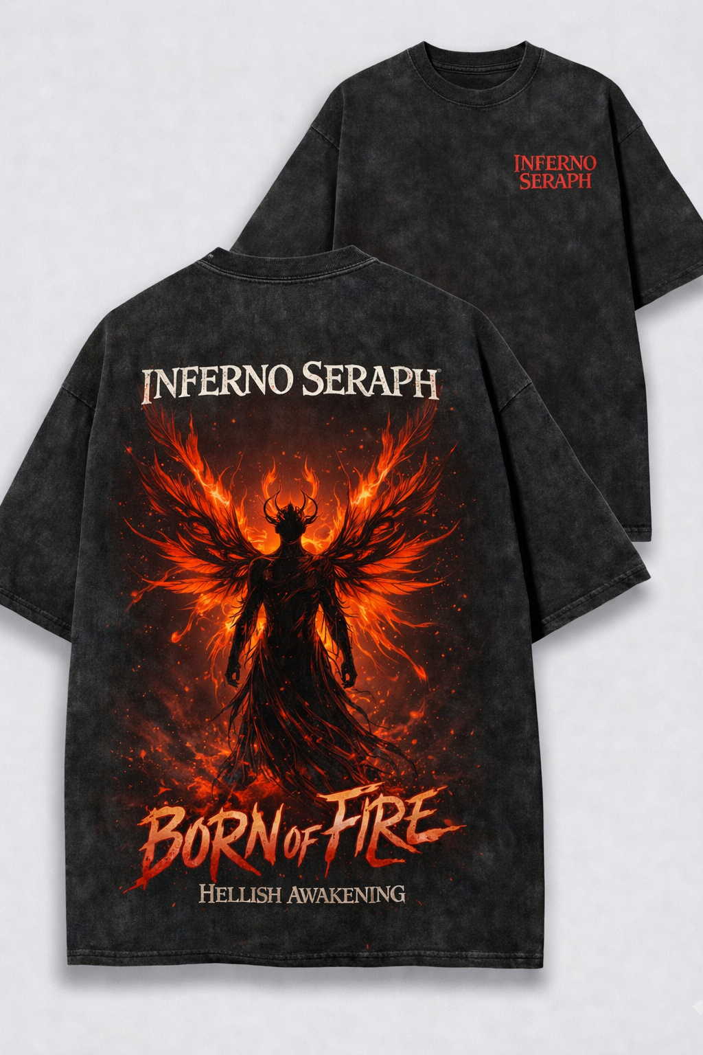 Inferno Seraph – Born of Fire Acid Wash Tee & Hoodie | Dark Streetwear
