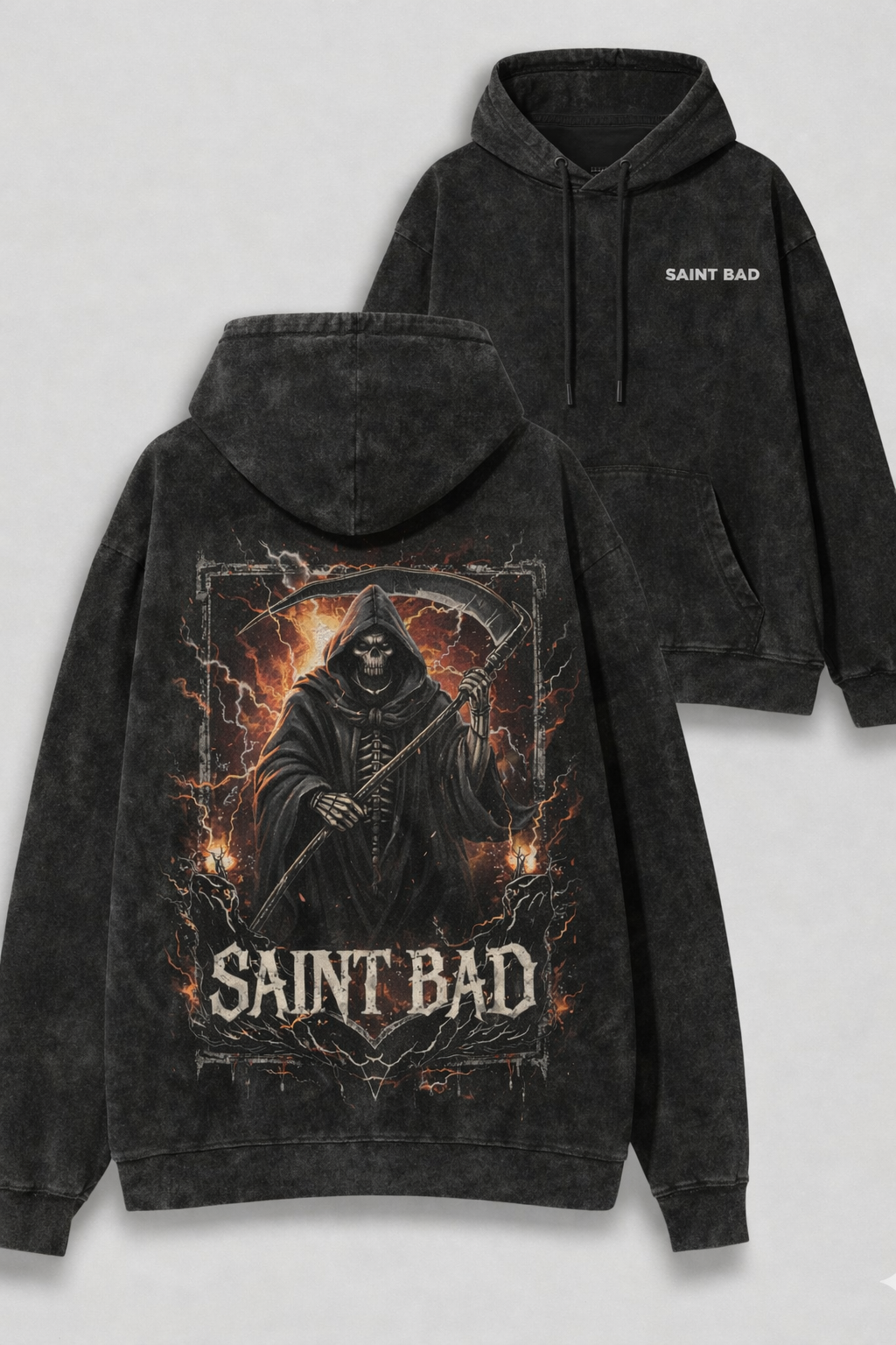 SAINT BAD Grim Reaper Acid Wash Tee & Hoodie – Vintage Dark Streetwear