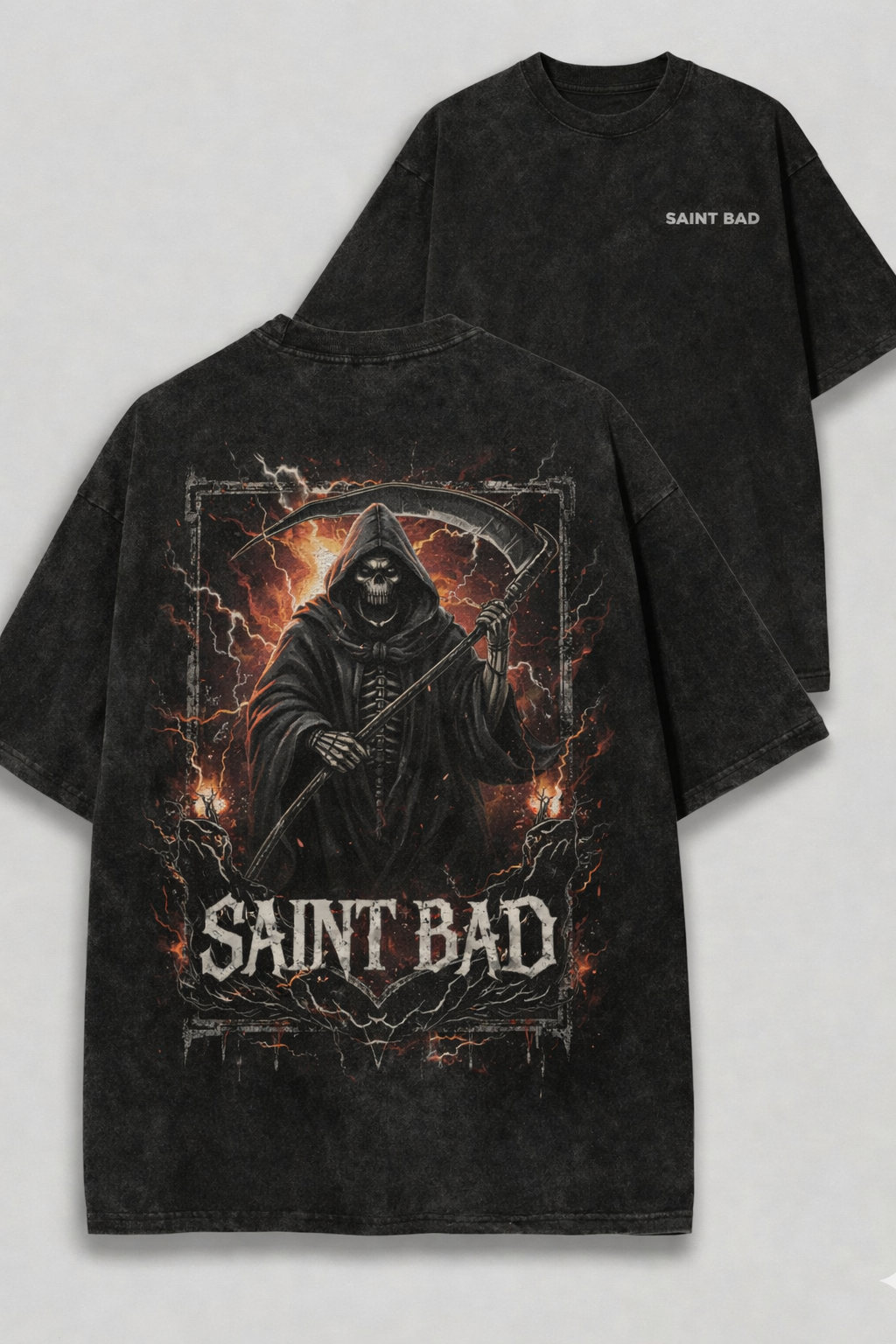 SAINT BAD Grim Reaper Acid Wash Tee & Hoodie – Vintage Dark Streetwear