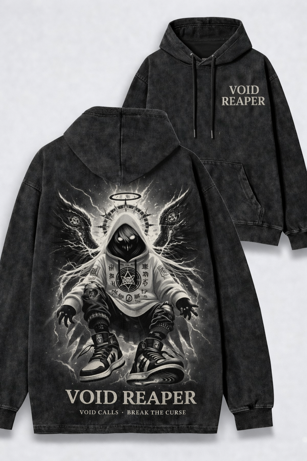 Void Reaper – Off-White Graphic Acid Wash Tee & Hoodie | Dark Streetwear
