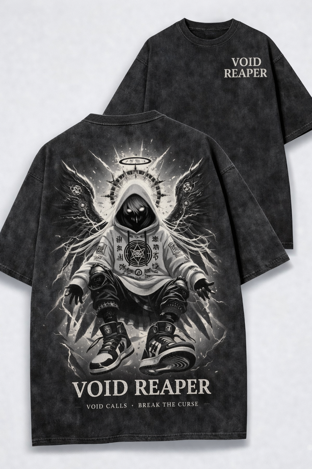 Void Reaper – Off-White Graphic Acid Wash Tee & Hoodie | Dark Streetwear