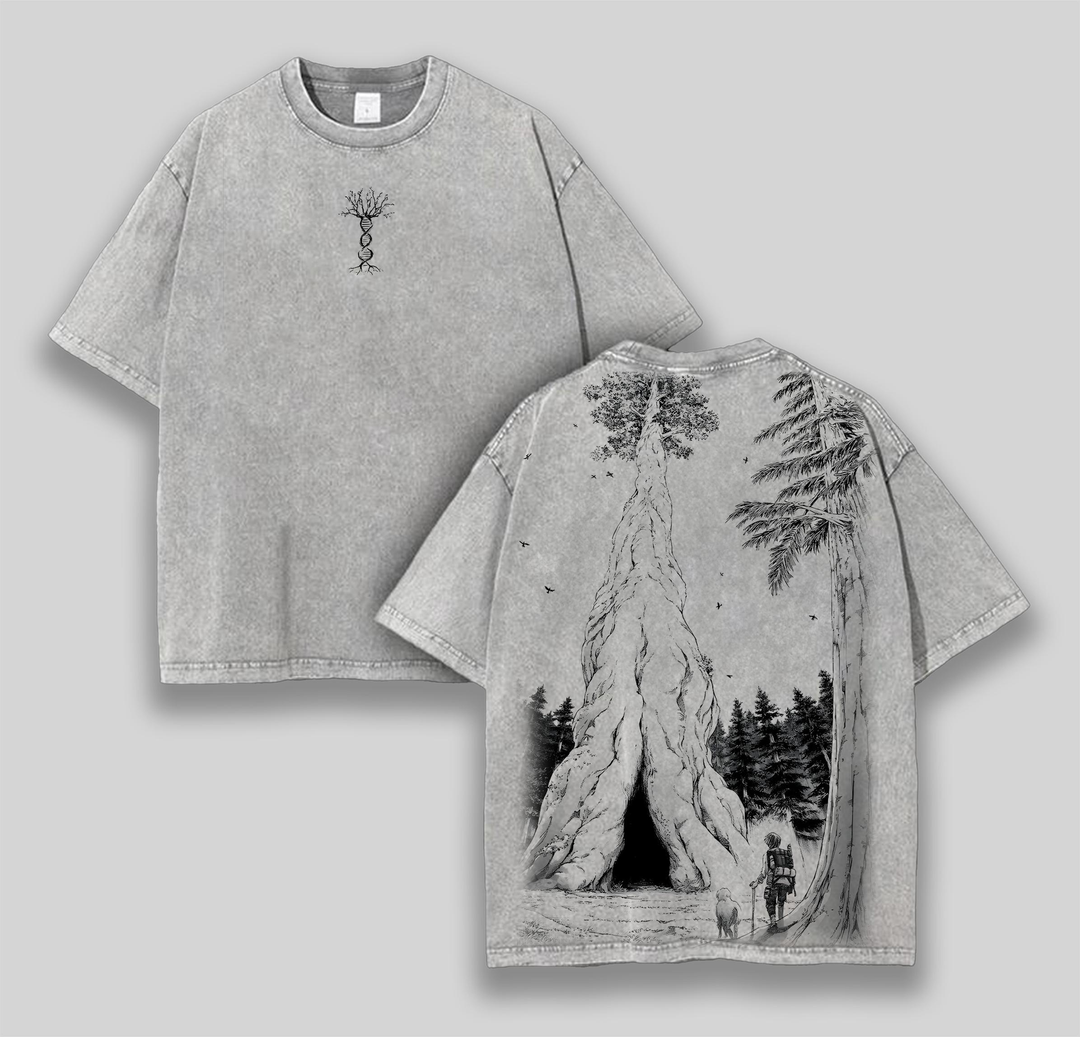 The Founding Tree x Attack On Titan Anime Double Printed Men's Vintage Tees Oversized Washed Tee