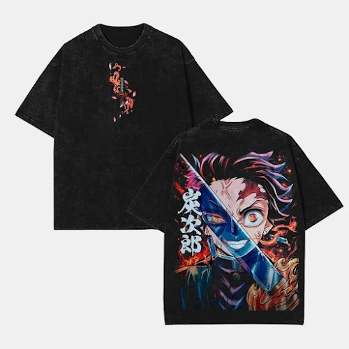Kamado Tanjiro Akaza Upper moon – Washed Tee Cotton Menswear Top  | SEP 58