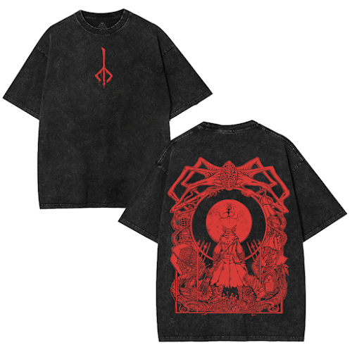 Bloodborne Blood Moon Double Printed Unisex Acid Washed Lightweight Cotton T-Shirt [TPR]