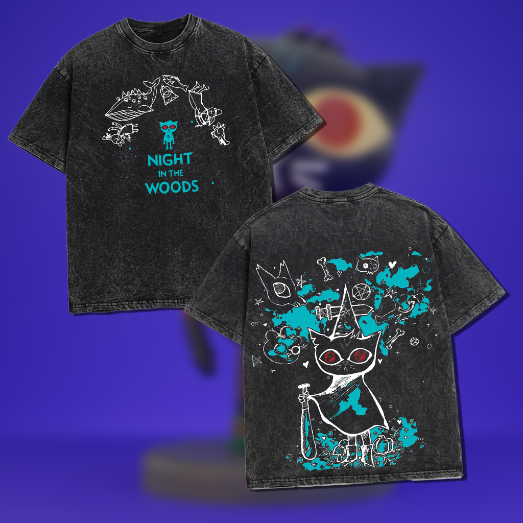 Night in the Woods Gothic Cat -  Menswear Washed Black Graphic T-Shirt