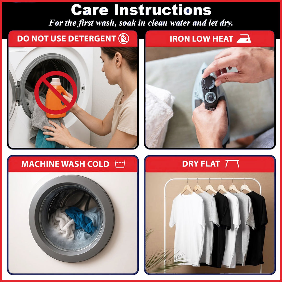 Care instructions for laundry with washing machine, iron, and drying images.