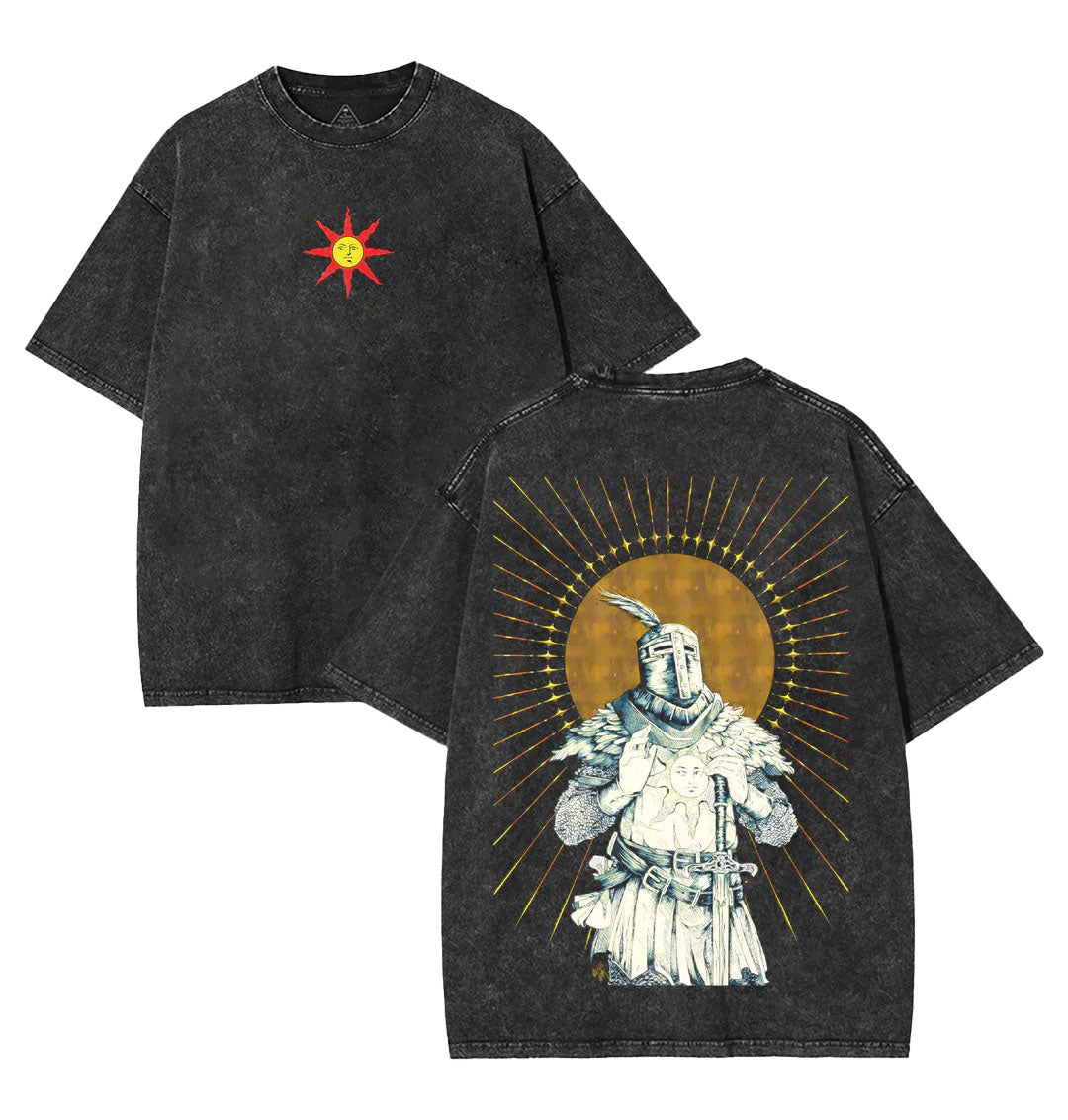 "PRAISE THE SUN" DARK SOULS Men's Washed Short Sleeved Tee [TPR]